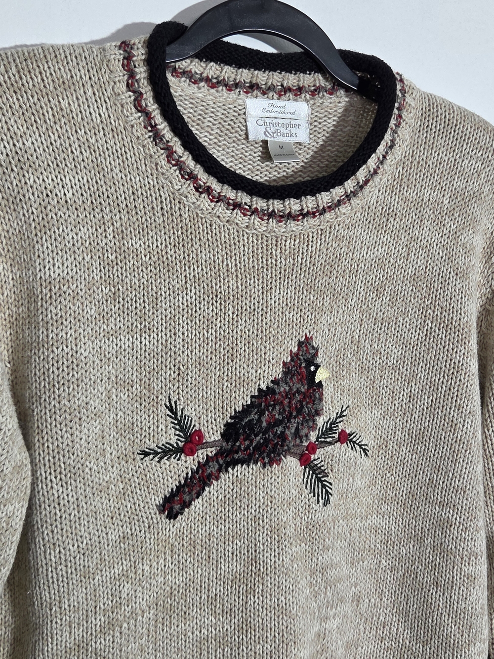VINTAGE Christopher Banks Sweater Womens Medium Chunky-Knit Cardinal Bird Beige - Picture 2 of 8